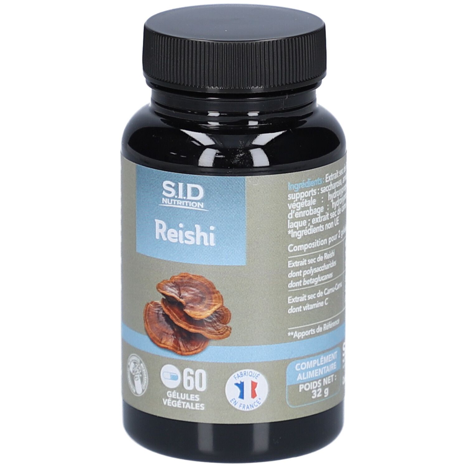 Flacon brun avec bouchon noir. Inscription: S.I.D. Nutrition Reishi. 60 gélules végétales. Poids net: 32 g. Fabriqué en France.