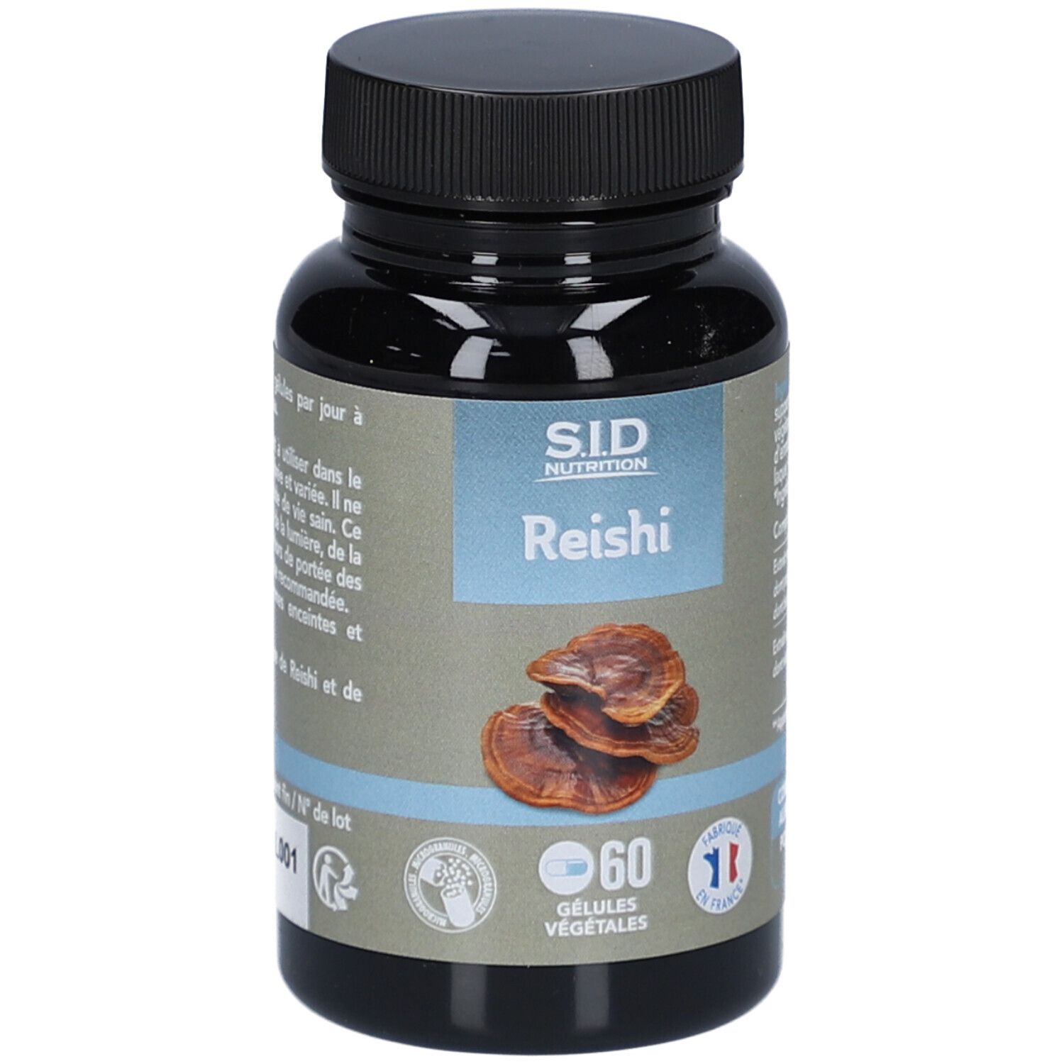 Flacon brun avec bouchon noir. Inscription: S.I.D. Nutrition Reishi. 60 gélules végétales. Illustration de champignons Reishi.