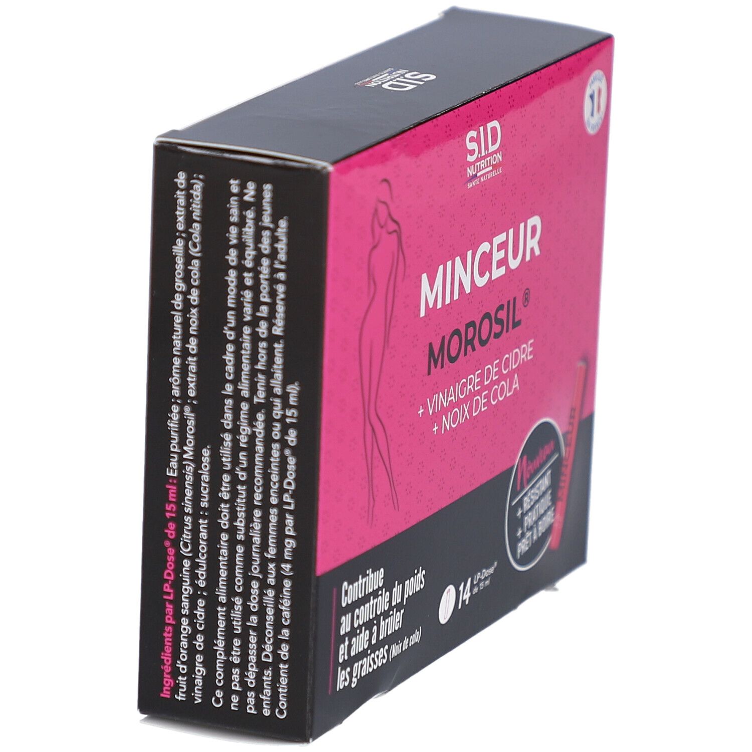 Rosa Schachtel mit Aufschrift MINCEUR MOROSIL. Enthält 14 Dosen. Französische Flagge. Rosa Einzeldosis. Seitenansicht.