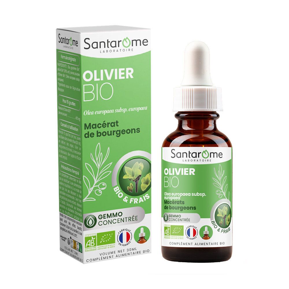 Braune Glasflasche mit Pipette und grüner Verpackung. Aufschrift: Olivier Bio, Mazerat de bourgeons. Französische Zertifizierung.