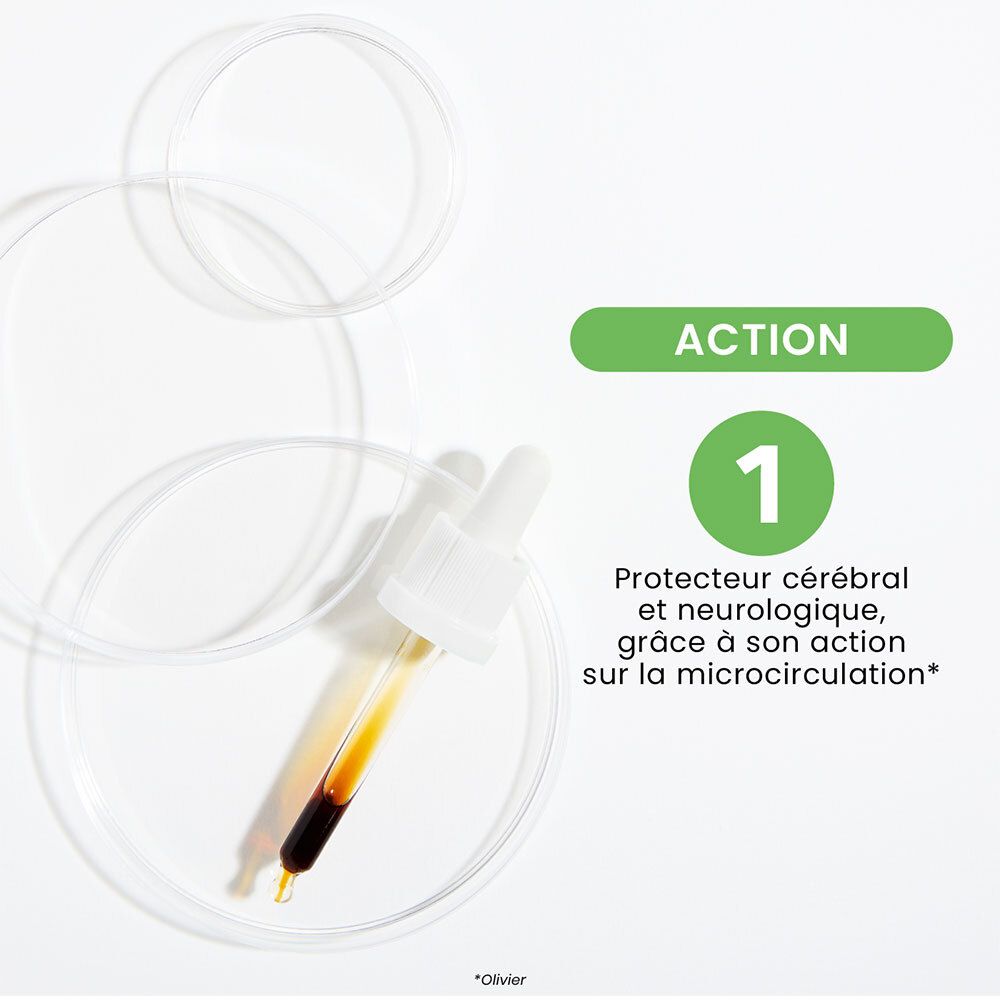 Pipette mit Flüssigkeit in Petrischale. Text: Action 1, Protektor cérébral et neurologique. Hintergrund: weiß.