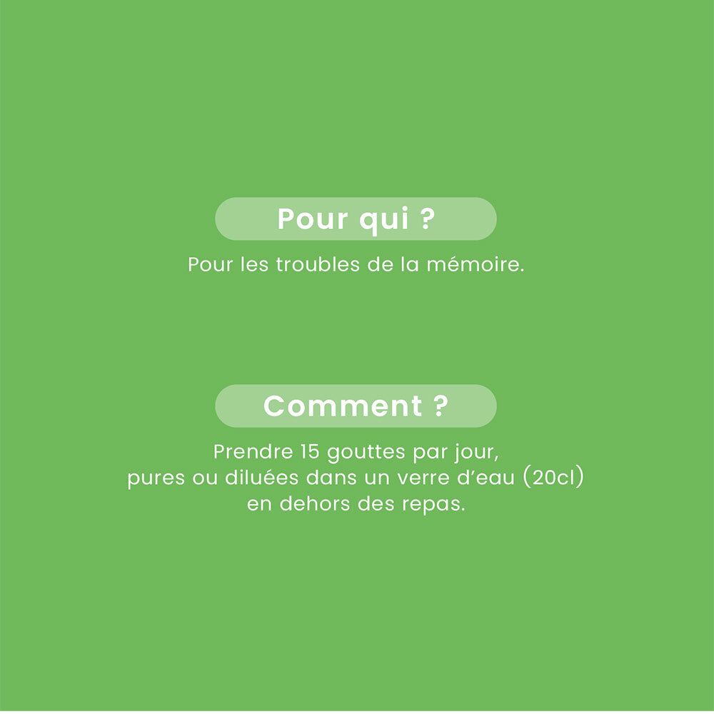 Grüner Hintergrund mit Text. Für wen? Für Gedächtnisprobleme. Wie? 15 Tropfen täglich, pur oder in Wasser (20cl), außerhalb der Mahlzeiten.