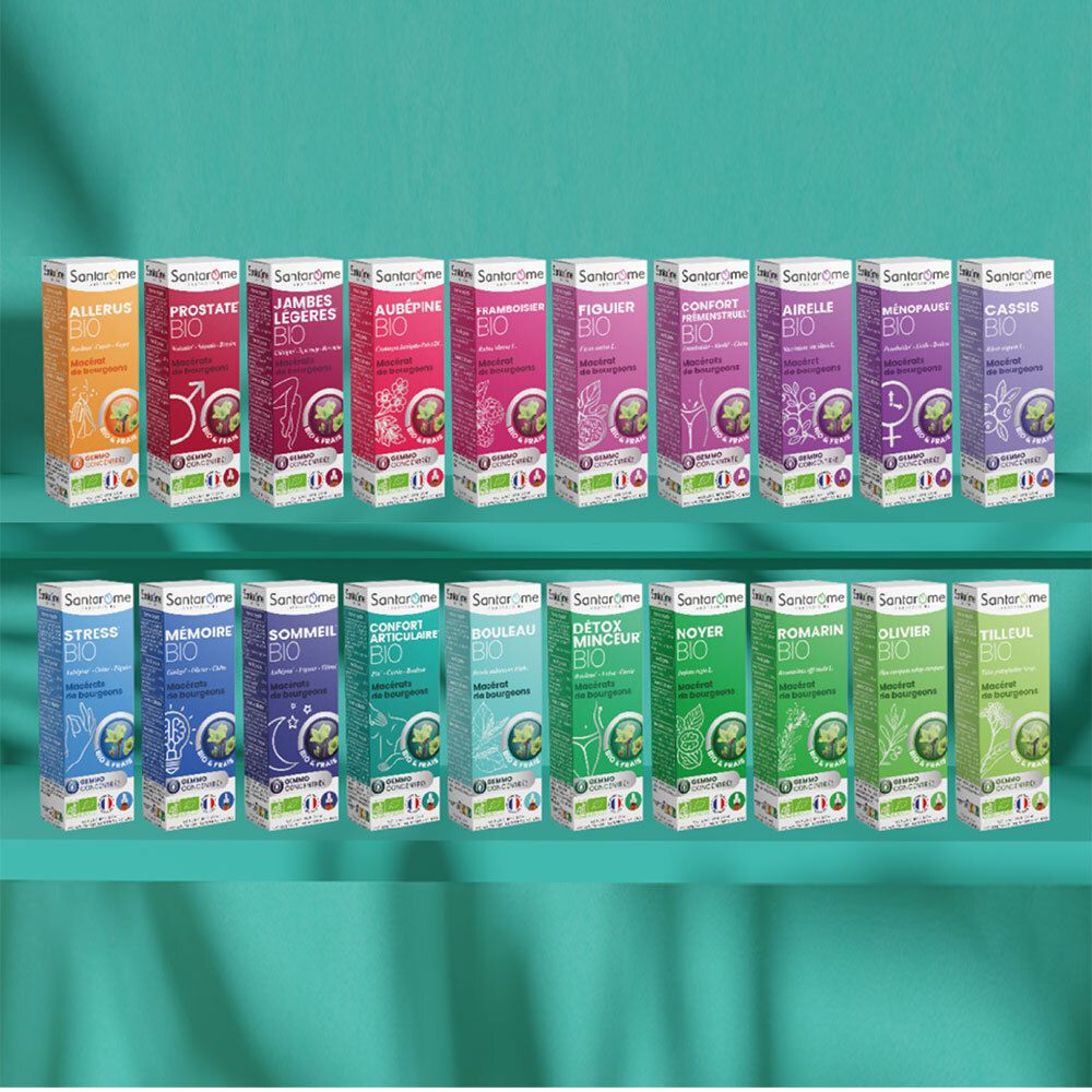 Reihe von SANTAROME BIO-Produkten. Verschiedene Farben und Namen auf den Verpackungen. Bio-Zertifizierung.