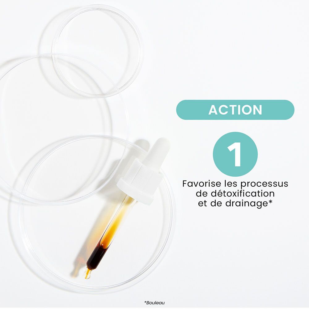 Pipette avec liquide dans une boîte de Pétri. Texte: Action 1. Favorise les processus de détoxification et de drainage.