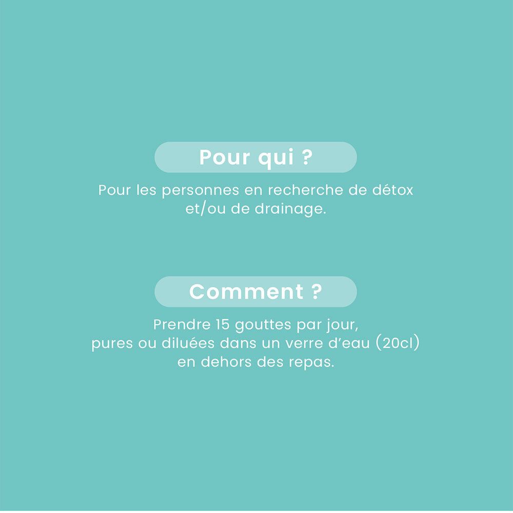 Texte sur fond bleu: Pour qui ? Pour les personnes en recherche de détox et/ou de drainage. Comment ?