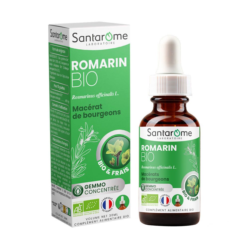 Braune Glasflasche mit Tropfer und grüner Verpackung. Aufschrift: SANTAROME Romarin Bio. Bio-Zertifizierung.