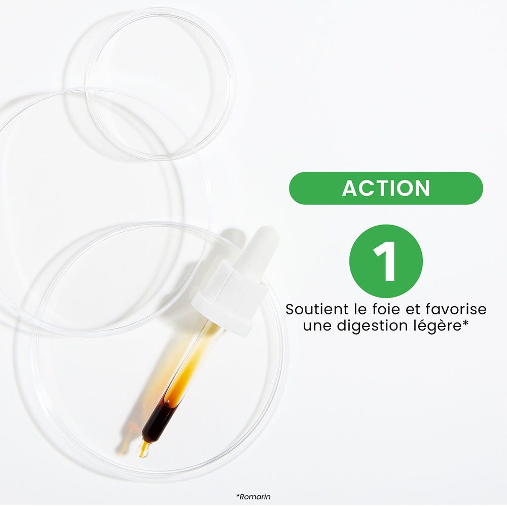 Tropfer mit Flüssigkeit in Petrischale. Text: Aktion 1. Unterstützt die Leber und fördert eine leichte Verdauung.