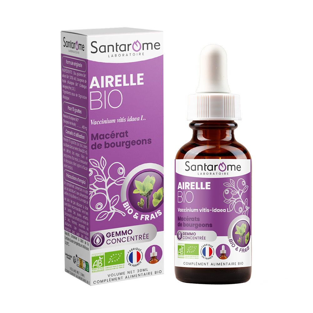 Flacon brun avec compte-gouttes et emballage violet. Inscription: Airelle Bio, Gemmo Concentrée. Certification bio.
