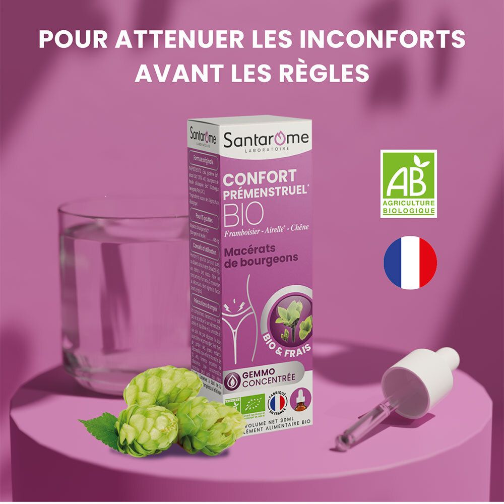 Flacon et ingrédients. Texte: Confort Prémenstruel Bio. Verre d'eau et herbes.