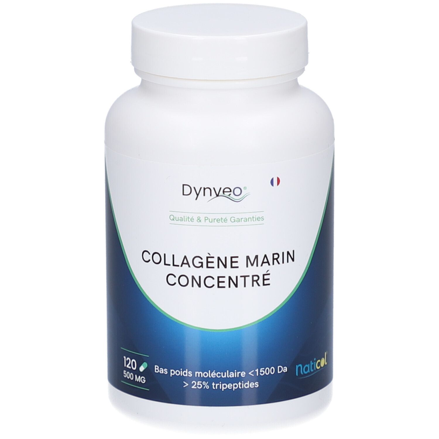 Weiße Flasche mit blauem Etikett. Aufschrift: DYNVEO, COLLAGÈNE MARIN CONCENTRÉ. 120 Kapseln, 500 MG.