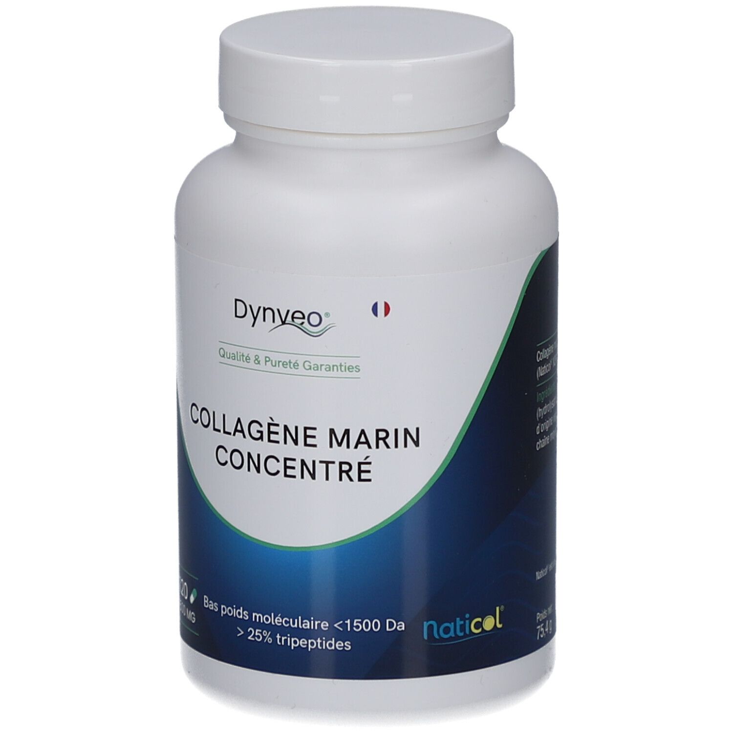 Weiße Flasche mit blauem Etikett. Aufschrift: DYNVEO, COLLAGÈNE MARIN CONCENTRÉ. 120 Kapseln, 500 MG.