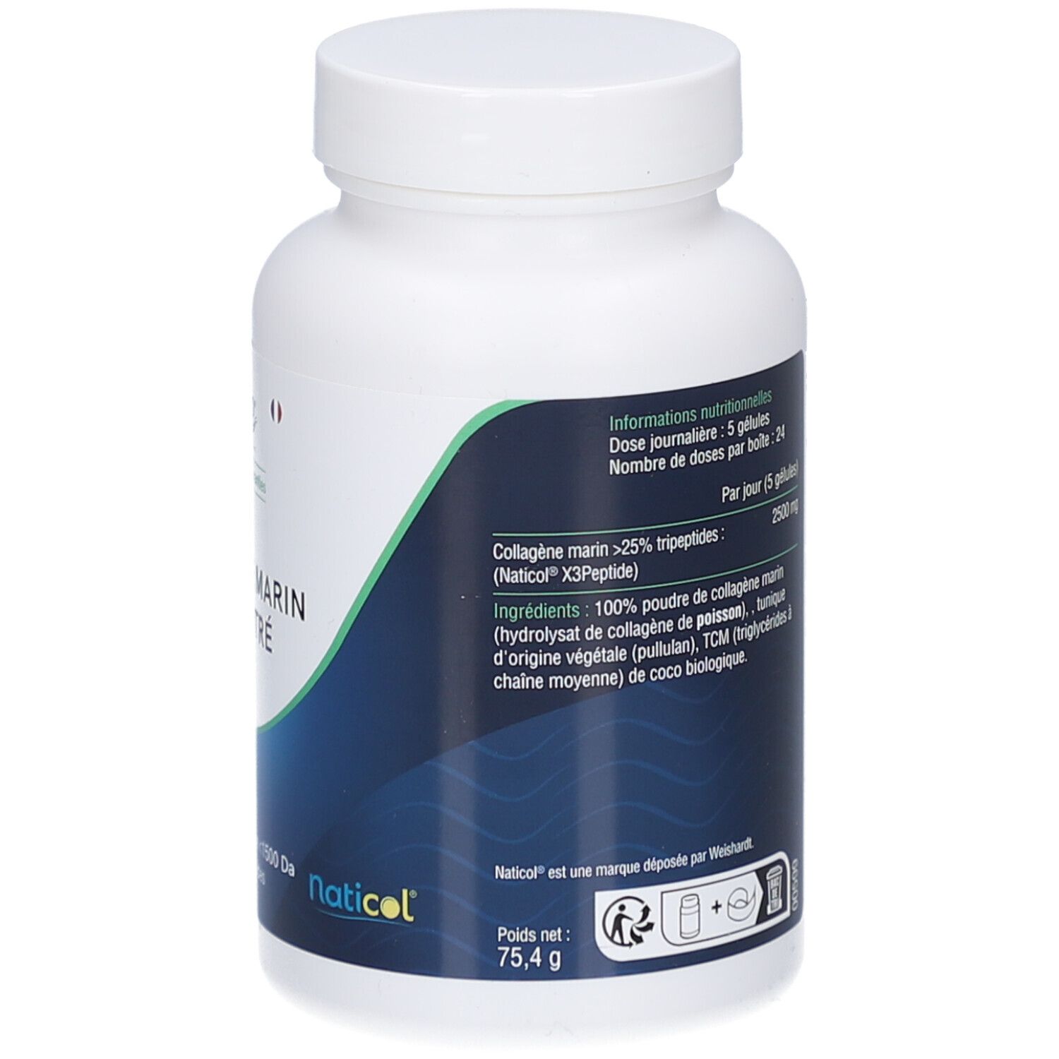 Rückseite der weißen Flasche. Blaue und grüne Elemente. Nährwertangaben und Inhaltsstoffe. Nettogewicht 75,4 g.