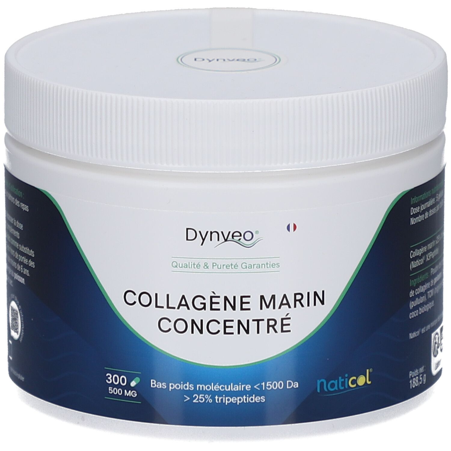 Weißes, rundes Produktgehäuse mit Schraubverschluss. Aufkleber mit Produktinformationen: COLLAGÈNE MARIN CONCENTRÉ, 300 Gelules, 500 MG.