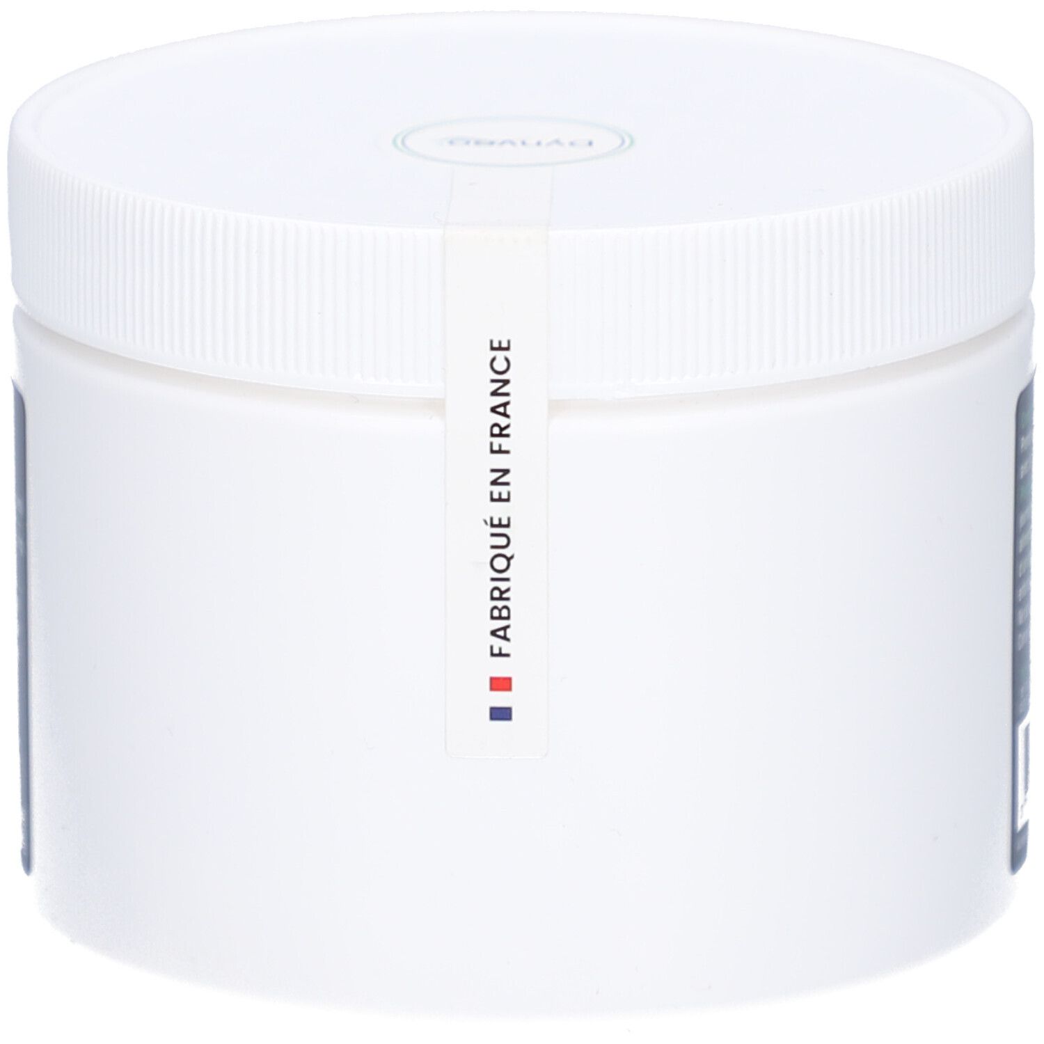 Weißes, rundes Produktgehäuse mit Schraubverschluss. Aufkleber mit Text: Fabriqué en France und französischer Flagge.