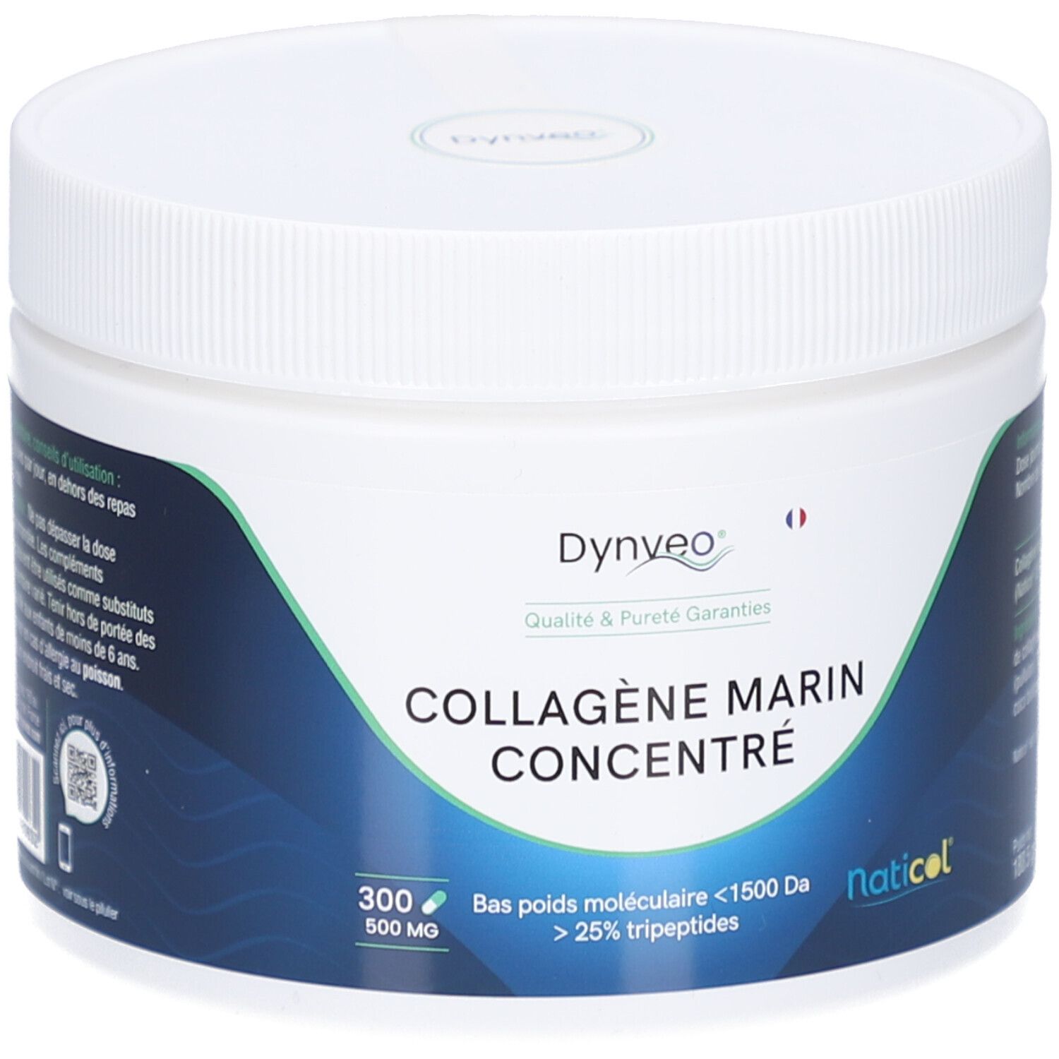 Weißes, rundes Produktgehäuse mit Schraubverschluss. Aufkleber mit Produktinformationen: COLLAGÈNE MARIN CONCENTRÉ, 300 Gelules, 500 MG. Logo Dynveo und Naticol.