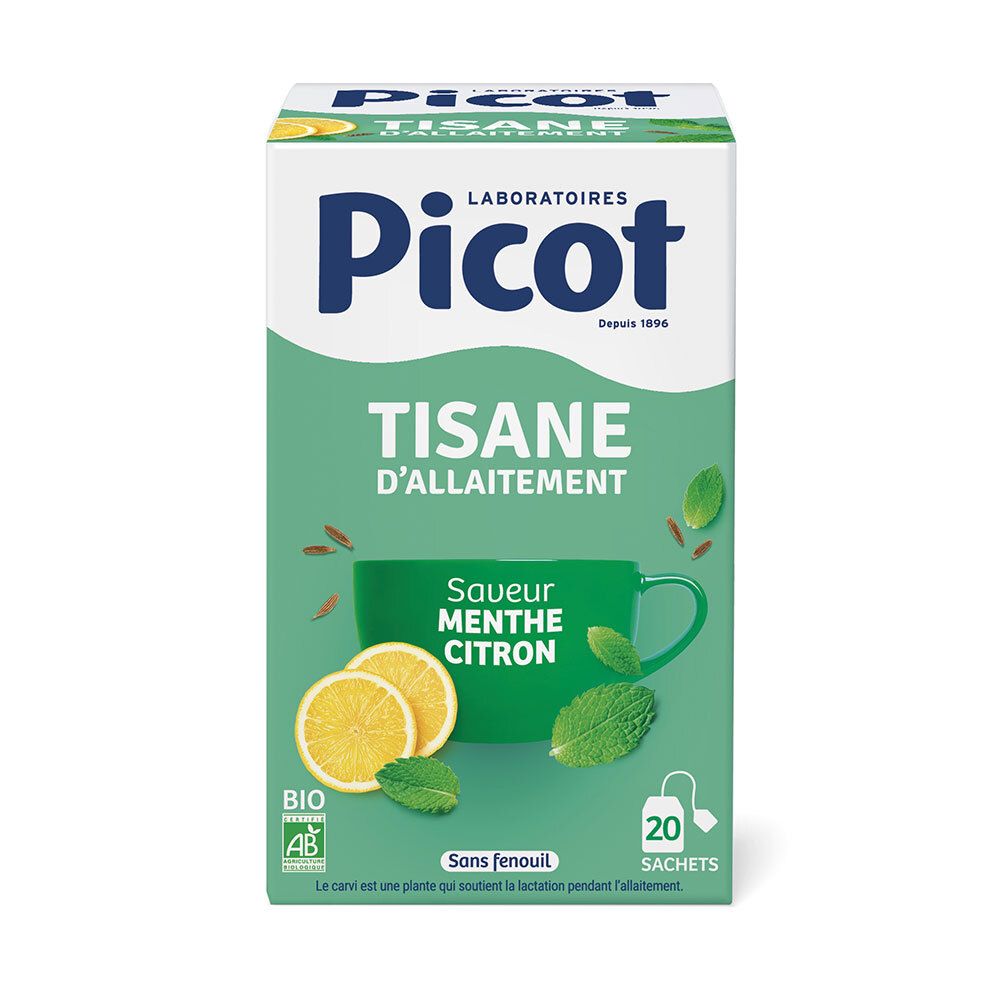 Grüne Schachtel mit Picot-Logo und Aufschrift "Tisane d'allaitement". Abbildung von Zitrone, Minze und Tasse. 20 Beutel.