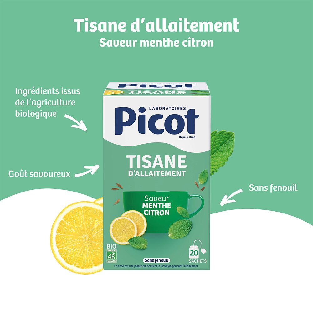 Boîte Picot Tisane d'Allaitement Menthe Citron, 20 sachets, Bio, sans fenouil.