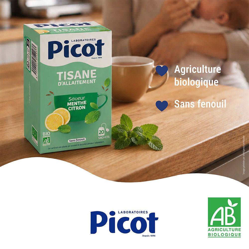 Boîte Picot Tisane Menthe Citron à côté d'une tasse de thé sur une table en bois.