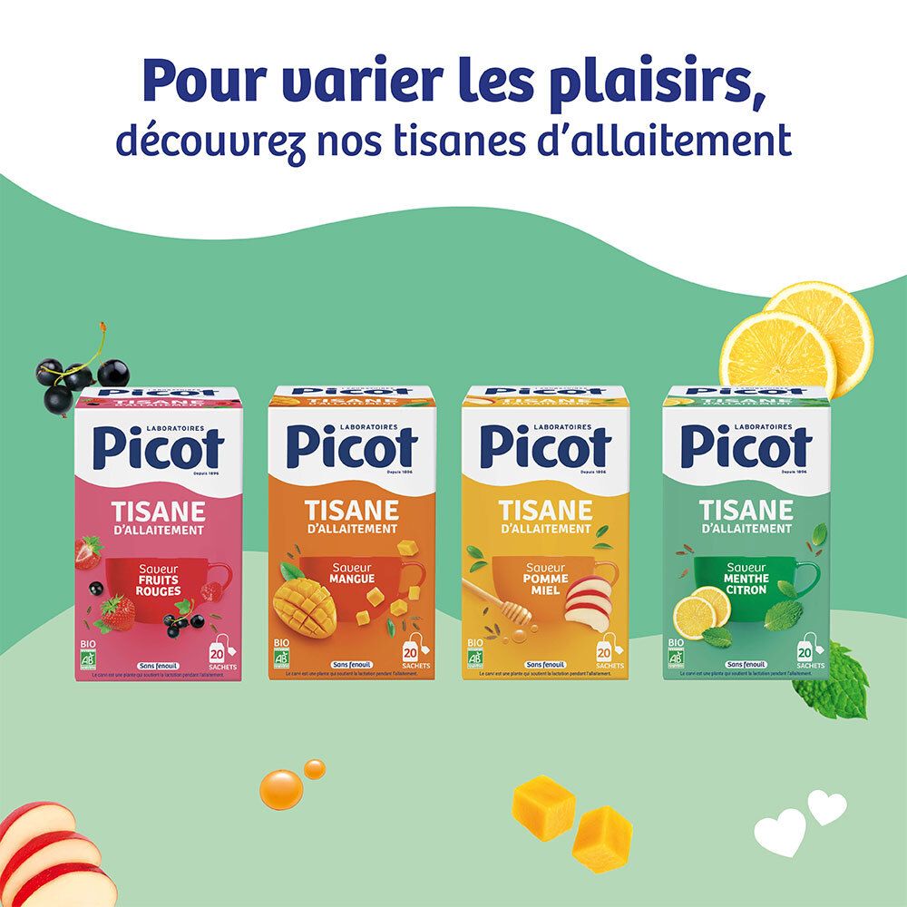 Quatre variétés de tisanes d'allaitement Picot : Fruits, Mangue, Miel, Menthe Citron.