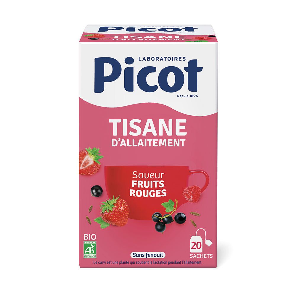 Verpackung von Picot-Tee. Aufdruck: Tisane d'allaitement, Saveur fruits rouges. Mit Bio-Siegel und 20 Beuteln.