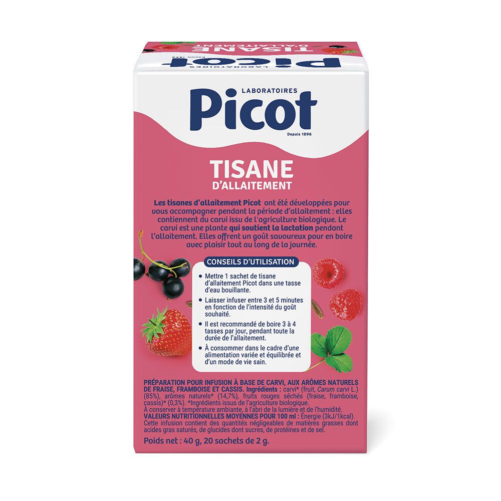 Rückseite der Picot-Tee-Verpackung. Text über die Inhaltsstoffe und Anwendung. Mit Bio-Siegel und Fruchtillustrationen.