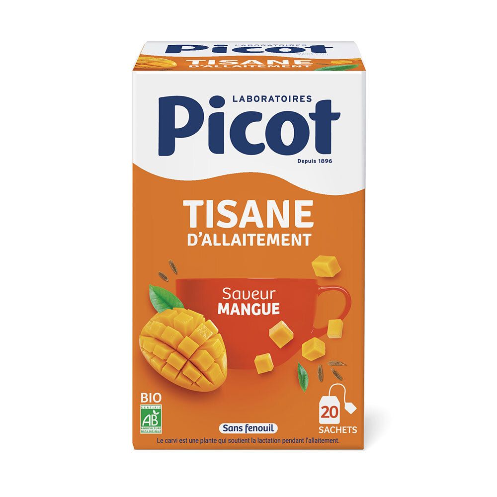 Verpackung von Picot Tisane d'allaitement Bio. Orangefarbene Schachtel mit Mango-Illustration und Text. 20 Beutel.