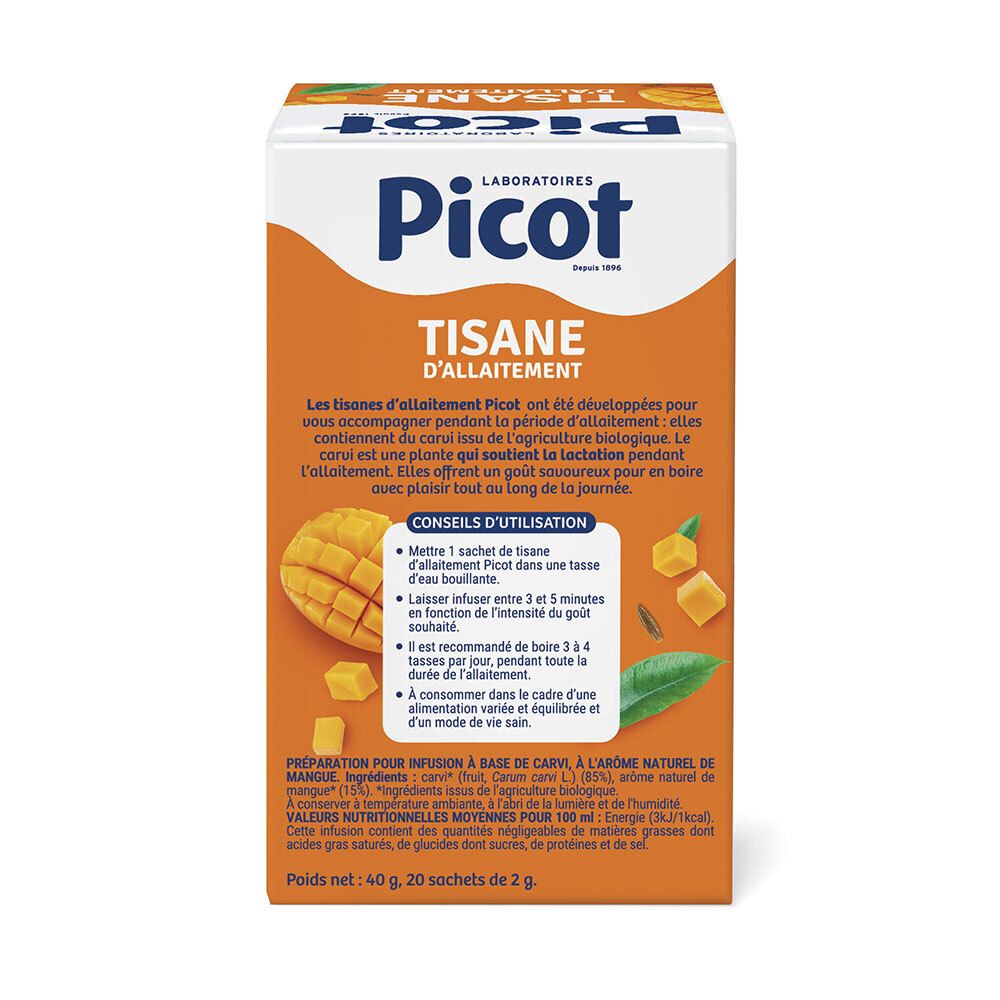 Rückseite der Picot Tisane d'allaitement Bio Verpackung. Text über die Verwendung und Nährwertangaben. 20 Beutel.