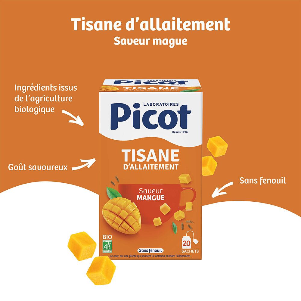 Picot Tisane d'allaitement Mangue: Ingrédients bio, goût savoureux, sans fenouil, 20 sachets.