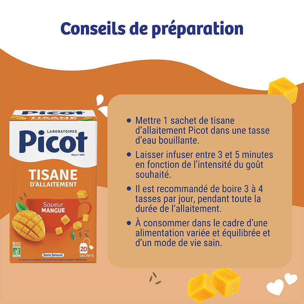 Conseils de préparation Picot Tisane d'allaitement Mangue: 1 sachet dans eau chaude, infuser 3-5 min.