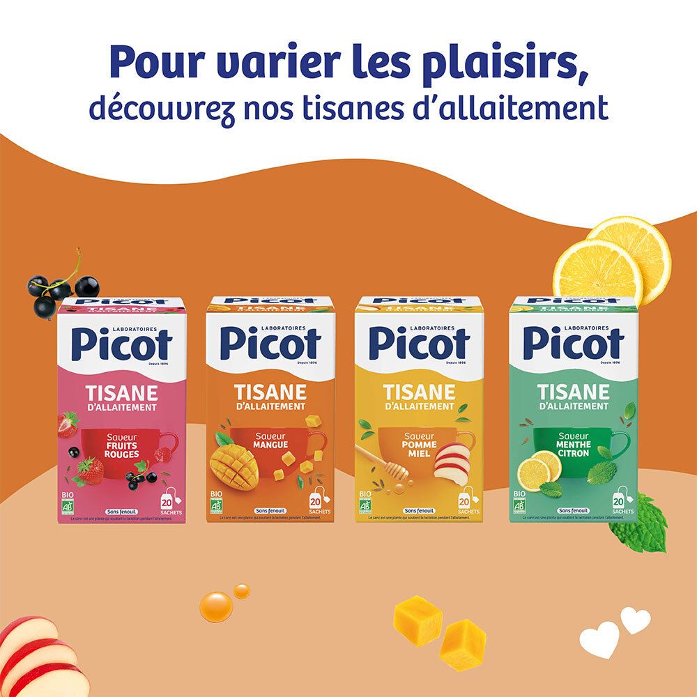 Gamme Picot Tisanes d'allaitement: Mangue, Fruits Rouges, Pomme Miel, Menthe Citron.