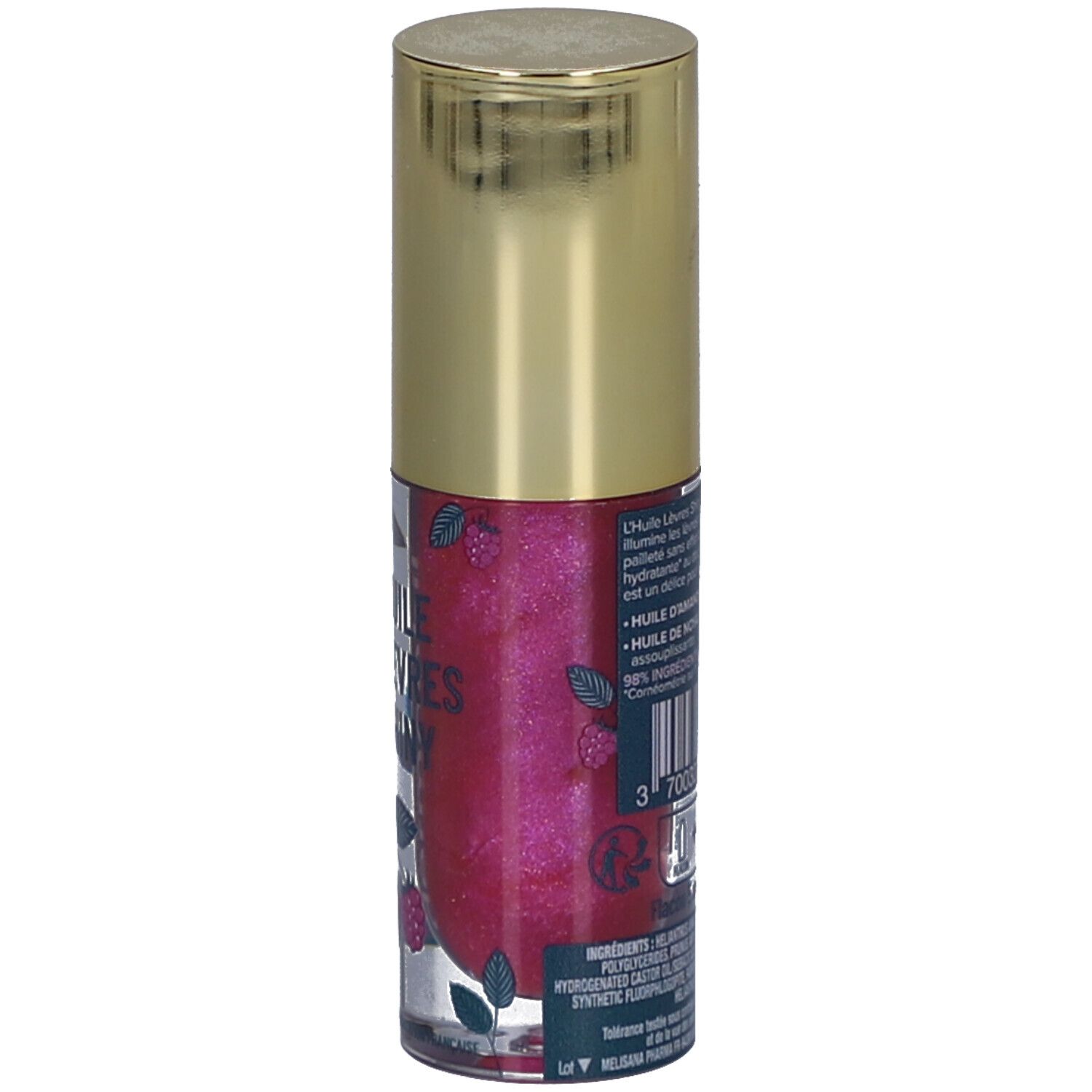 Flacon d'huile à lèvres avec bouchon doré. Dos avec texte et code-barres. Contenu rose avec illustration de framboises.