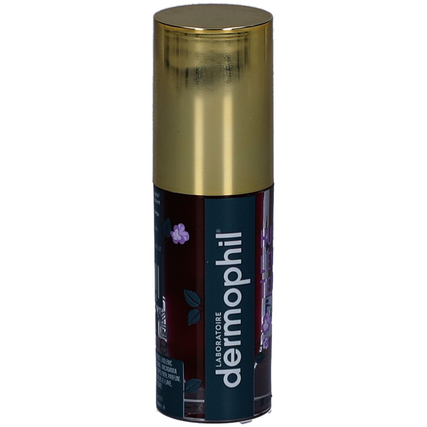 Zylindrische Flasche mit goldener Kappe. Aufschrift: dermophil, Laboratoire. Produktname nicht vollständig sichtbar.