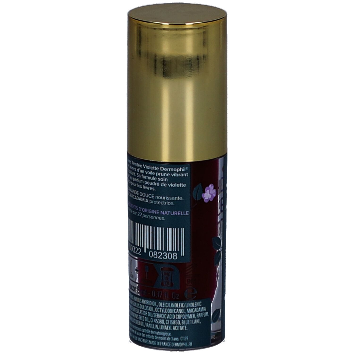 Rückseite der Flasche. Text: Huile Lèvres Teintée, Parfum de violette. Inhaltsstoffe und Barcode.