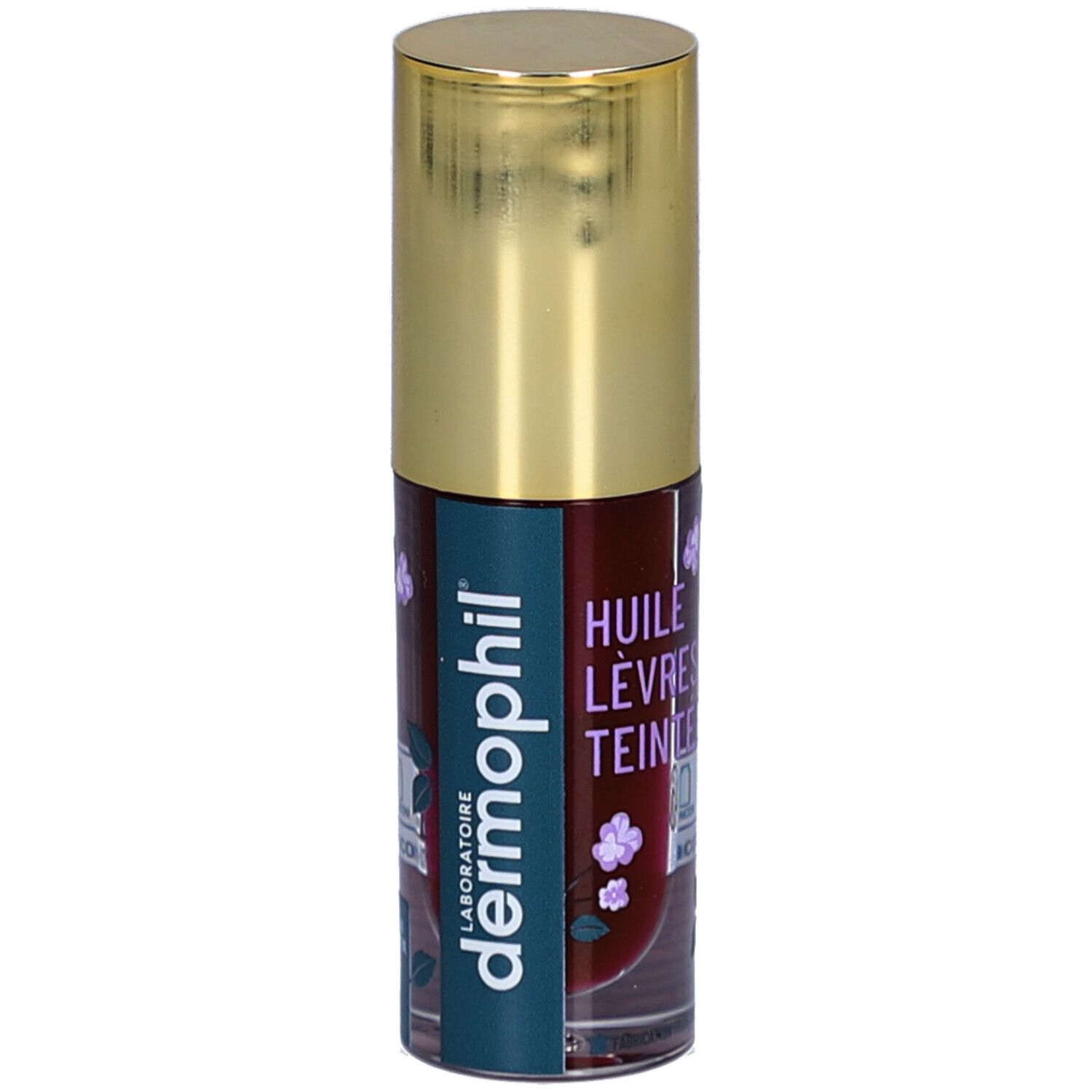 Zylindrische Flasche mit goldener Kappe. Aufschrift: dermophil, Laboratoire. Produktname: Huile Lèvres Teintée.