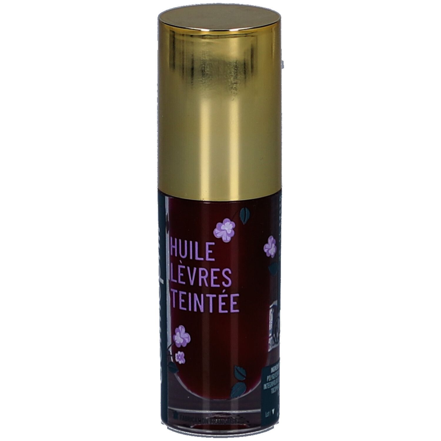 Zylindrische Flasche mit goldener Kappe. Aufschrift: dermophil, Laboratoire. Produktname: Huile Lèvres Teintée.