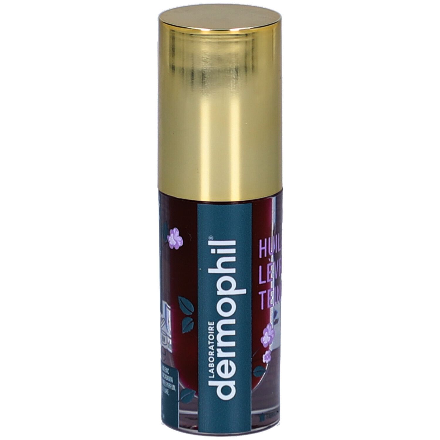 Zylindrische Flasche mit goldener Kappe. Aufschrift: dermophil, Laboratoire. Produktname: Huile à Lèvres Teintée.
