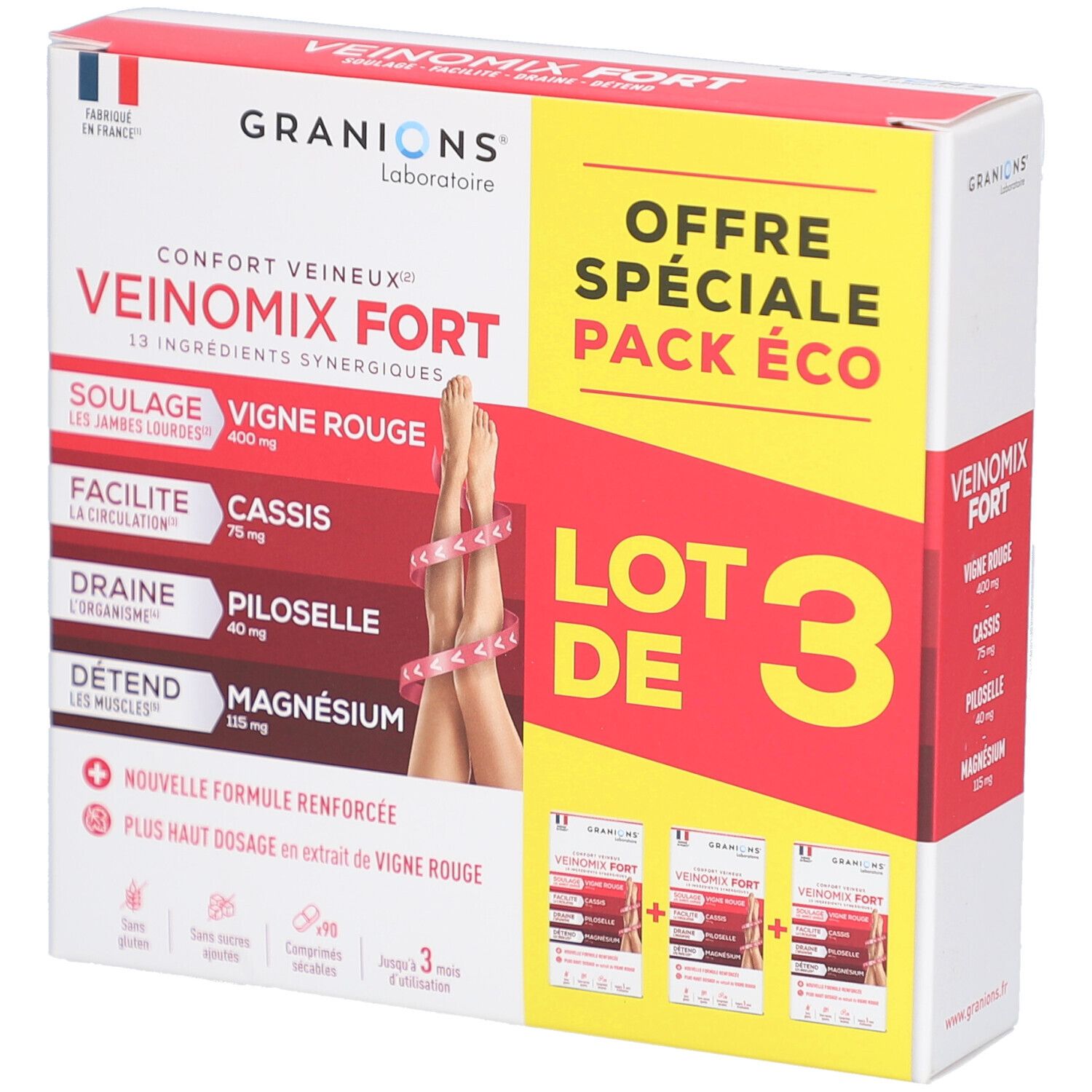 Verpackung von GRANIONS VEINOMIX FORT. Enthält drei Schachteln. Aufschrift: VEINOMIX FORT, LOT DE 3, Offre Spéciale Pack Éco.