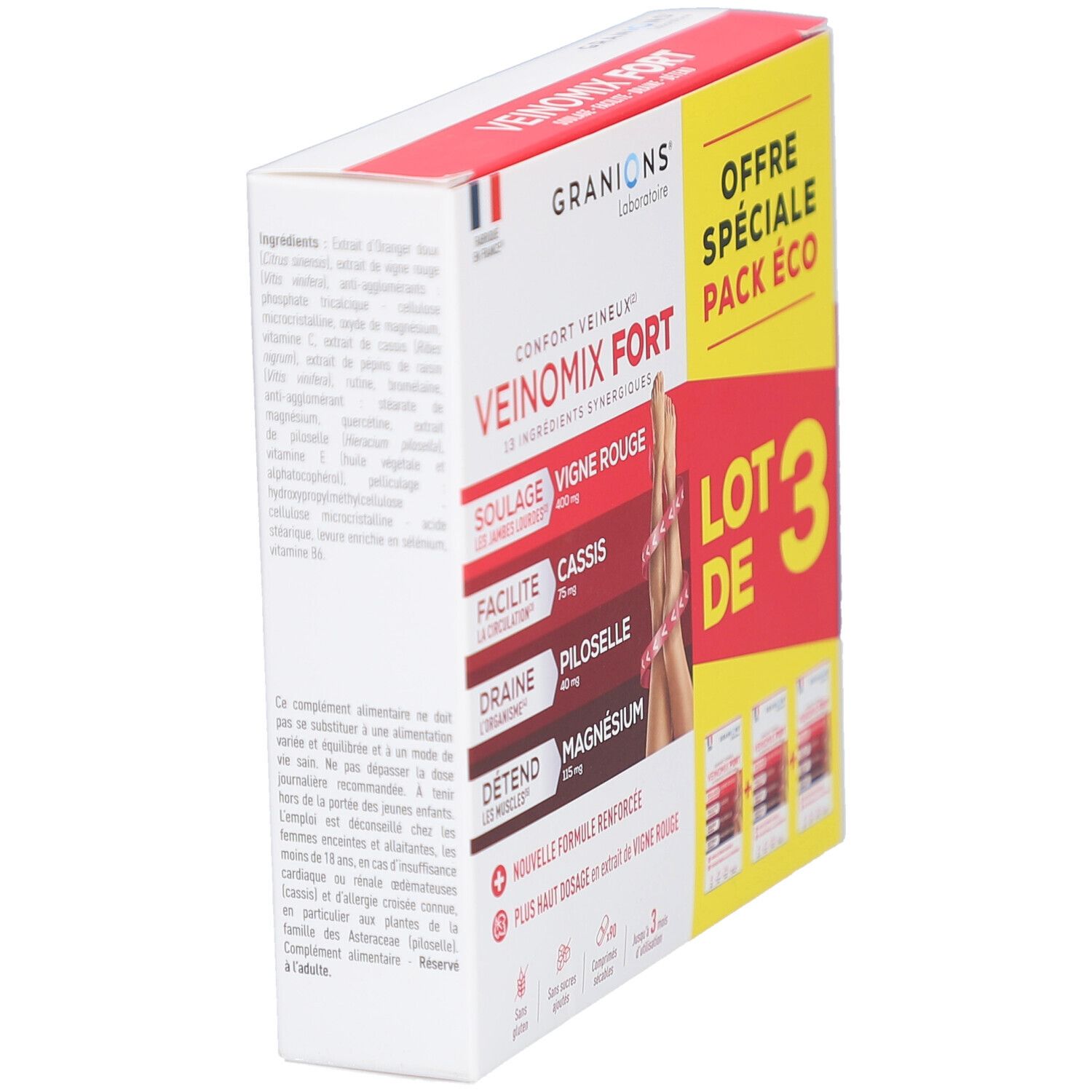 Seitenansicht der Verpackung von GRANIONS VEINOMIX FORT. Aufschrift: VEINOMIX FORT, Offre Spéciale Pack Éco. Enthält drei Schachteln.