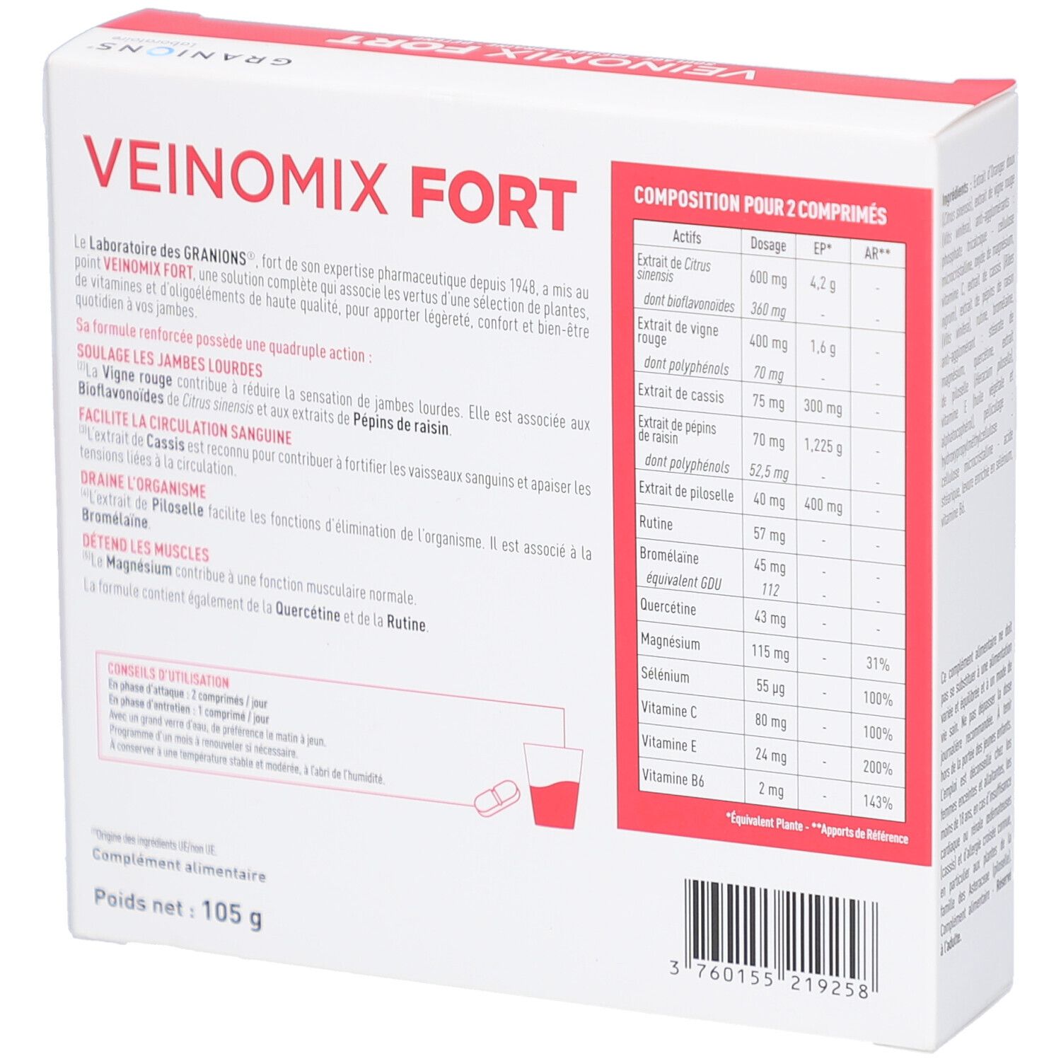Rückseite der Verpackung von GRANIONS VEINOMIX FORT. Enthält Informationen zu Inhaltsstoffen und Dosierung. Gewicht: 105 g.