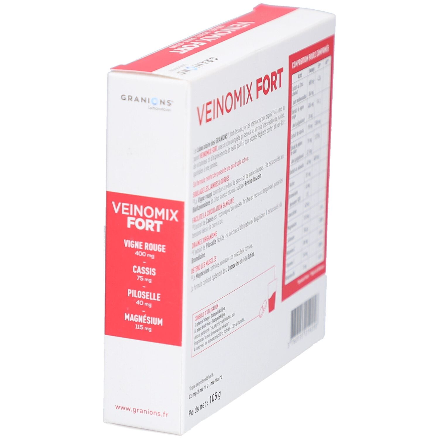Seitenansicht der Verpackung von GRANIONS VEINOMIX FORT. Aufschrift: VEINOMIX FORT. Gewicht: 105 g. Enthält Informationen.
