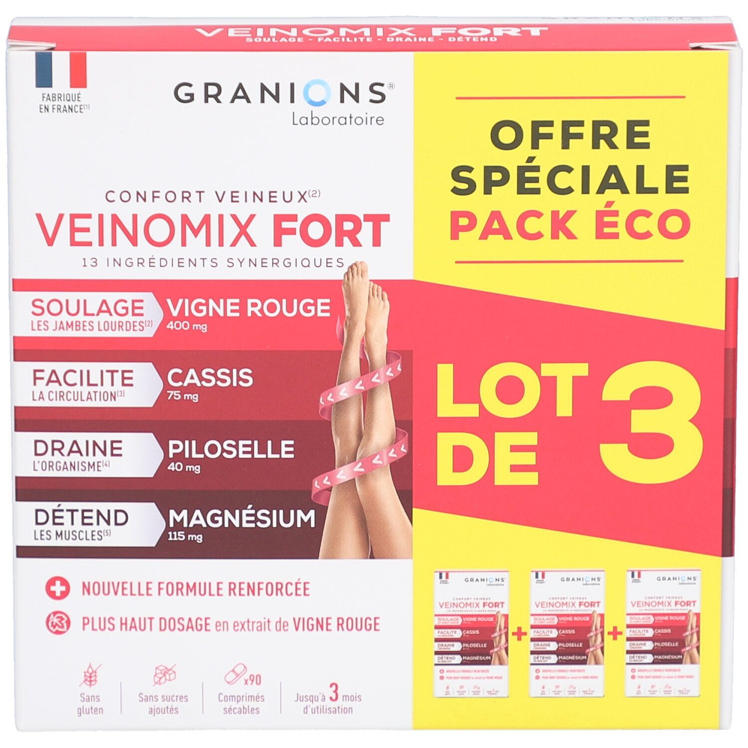 Verpackung von GRANIONS VEINOMIX FORT. Enthält drei Schachteln. Aufschrift: VEINOMIX FORT, LOT DE 3, Offre Spéciale Pack Éco.