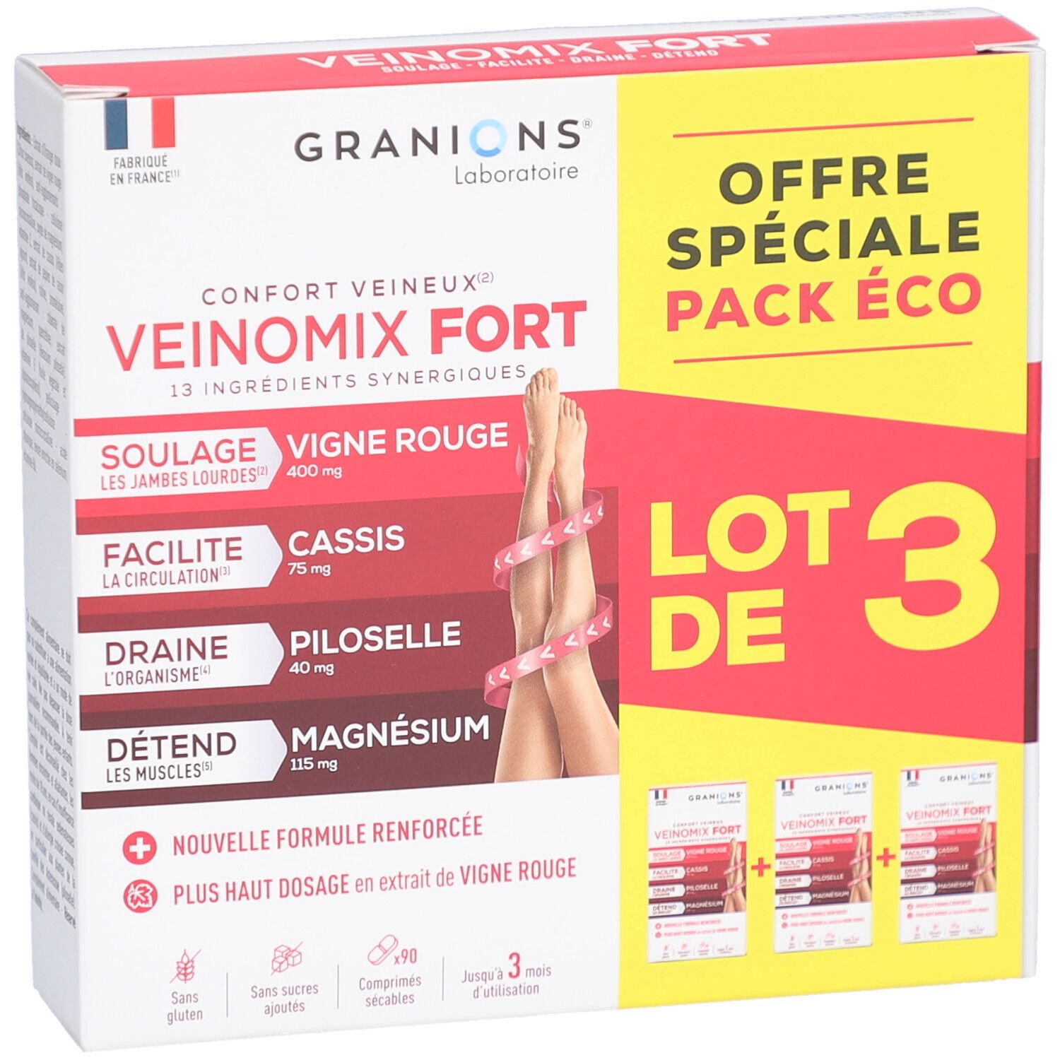 Verpackung von GRANIONS VEINOMIX FORT. Enthält drei Schachteln. Aufschrift: VEINOMIX FORT, LOT DE 3, Offre Spéciale Pack Éco.