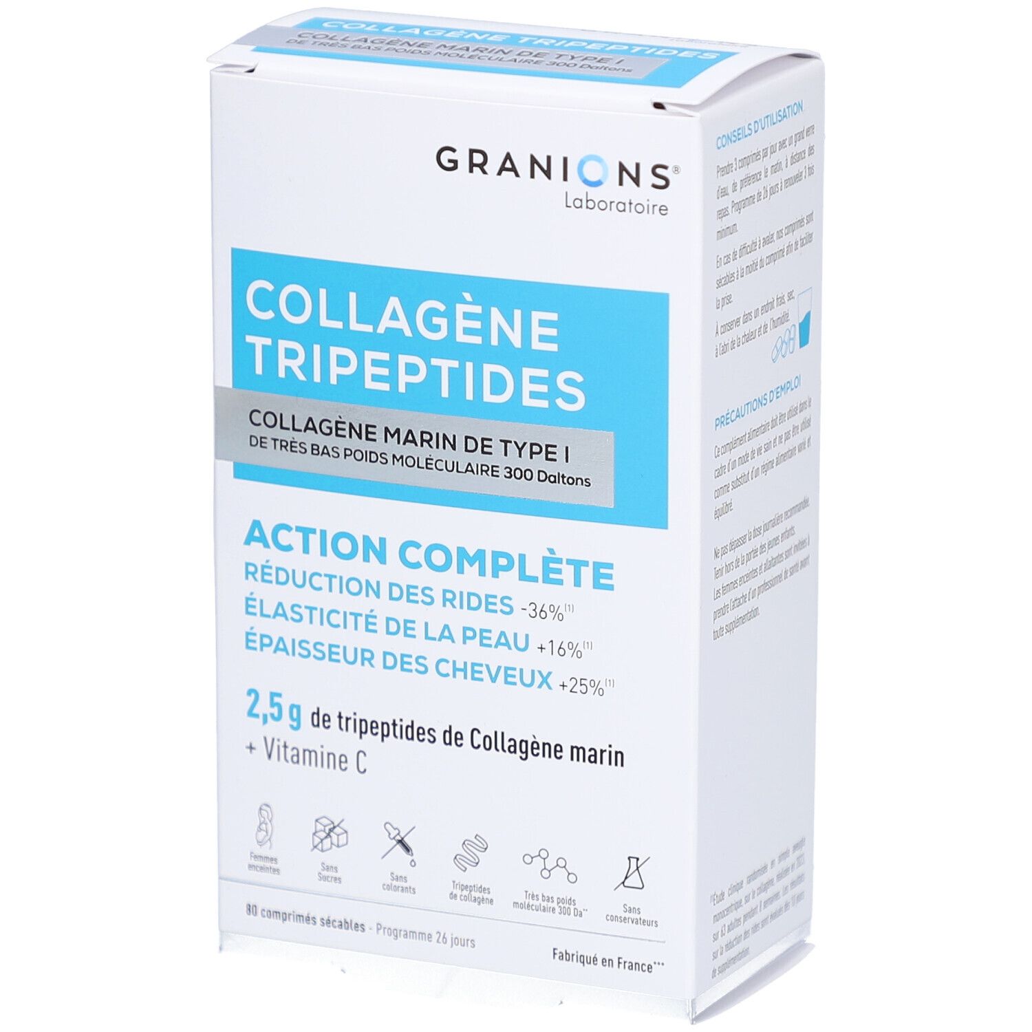 Karton mit GRANIONS COLLAGENE TRIPEPTIDES. Blaue und weiße Verpackung. Enthält Informationen zu Inhaltsstoffen und Wirkungen.