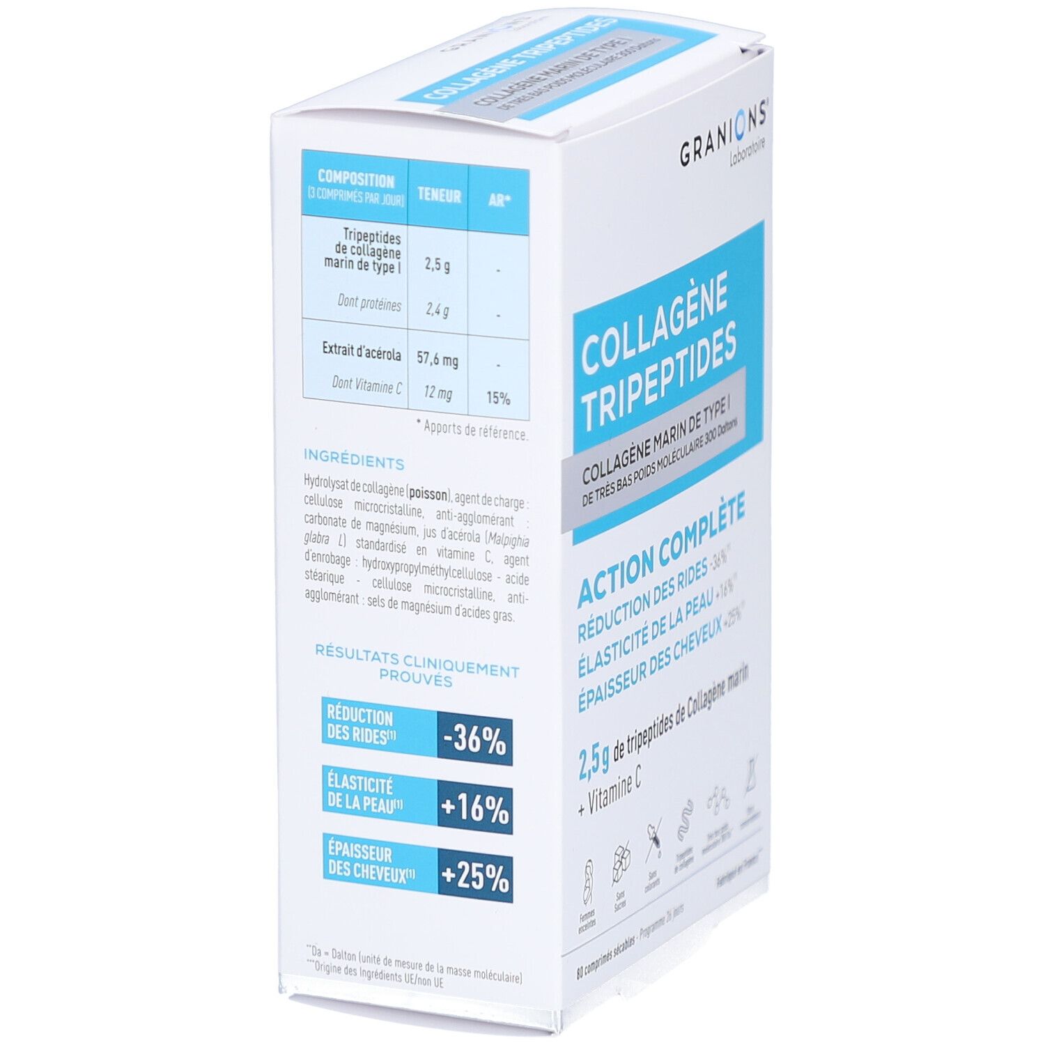 Seitenansicht der GRANIONS COLLAGENE TRIPEPTIDES Verpackung. Enthält Informationen zu Inhaltsstoffen und klinischen Ergebnissen.