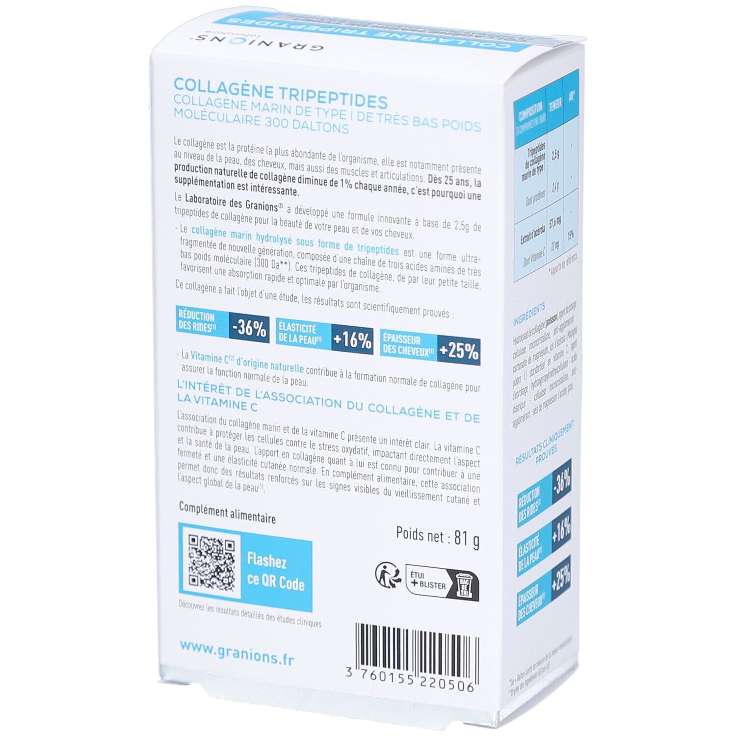 Rückseite der GRANIONS COLLAGENE TRIPEPTIDES Verpackung. Enthält Informationen zu Inhaltsstoffen, Gewicht und QR-Code.