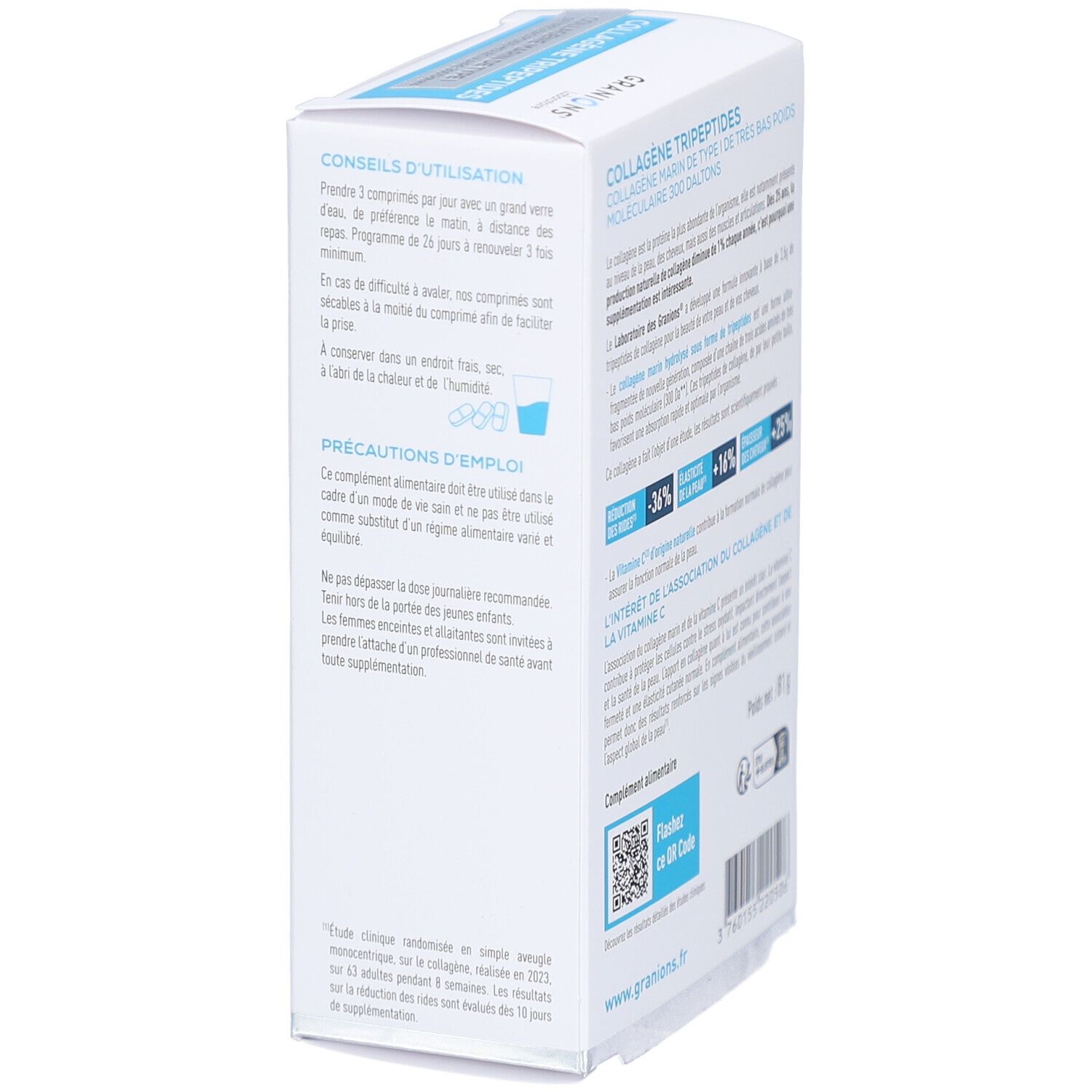 Seite der GRANIONS COLLAGENE TRIPEPTIDES Verpackung. Enthält Anwendungshinweise und Vorsichtsmaßnahmen.
