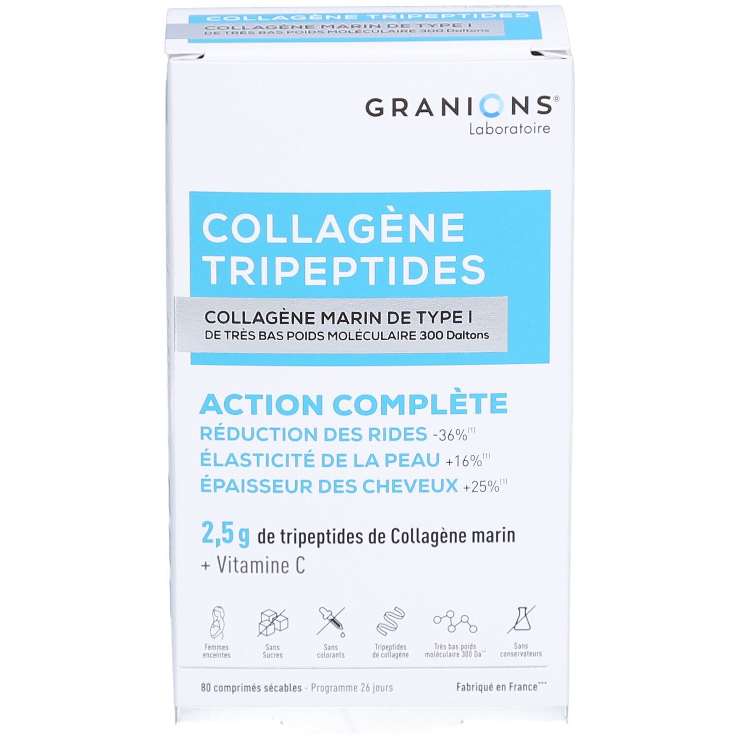 Vorderansicht der GRANIONS COLLAGENE TRIPEPTIDES Verpackung. Enthält Produktnamen, Inhaltsstoffe und Wirkungen.