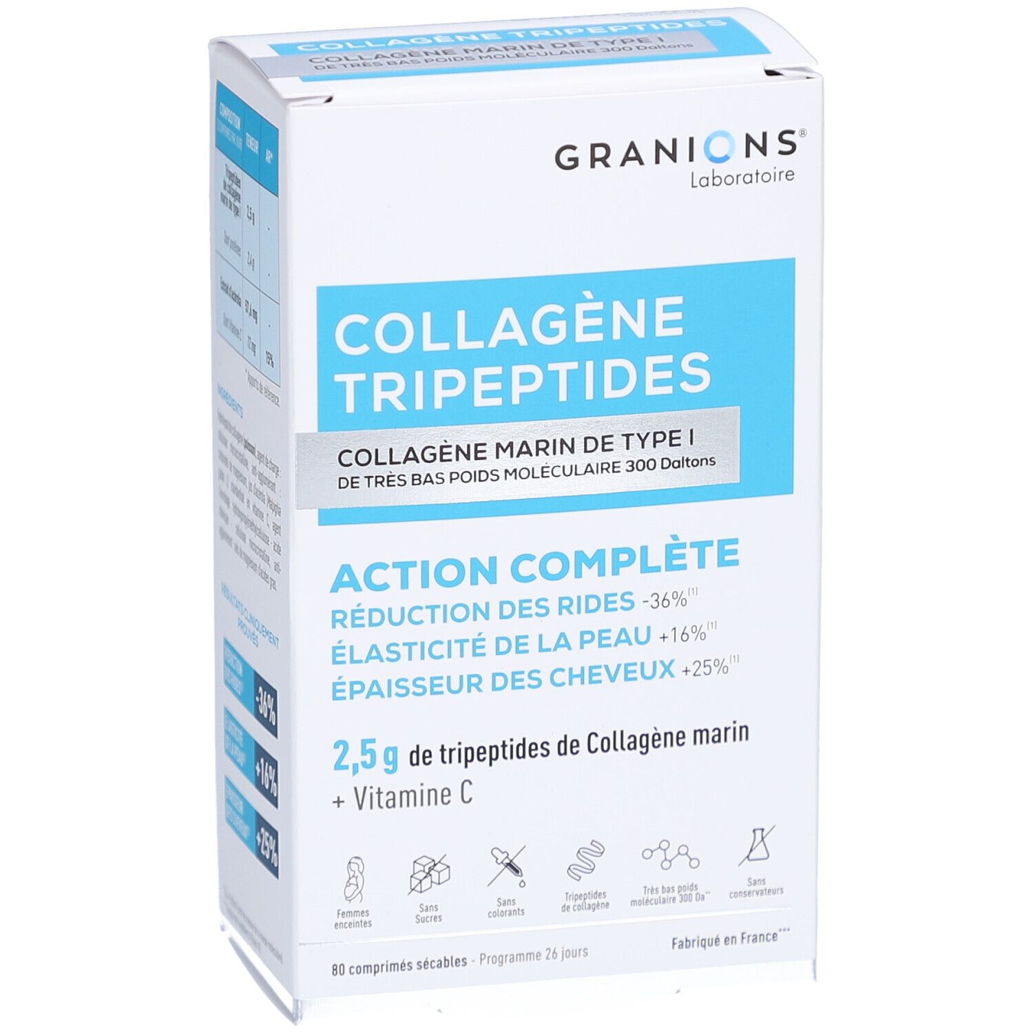 Vorderansicht der GRANIONS COLLAGENE TRIPEPTIDES Verpackung. Enthält Produktnamen, Inhaltsstoffe und Wirkungen.
