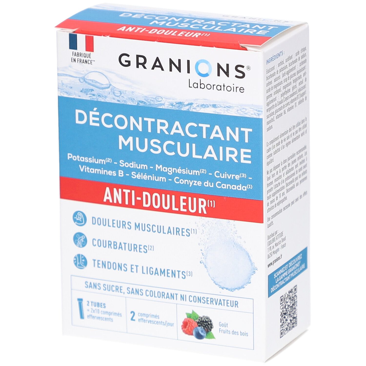 Karton mit Granions Décontractant Musculaire Effervescent. Blaue, rote und weiße Verpackung. Text: Anti-Douleur, Décontractant Musculaire.