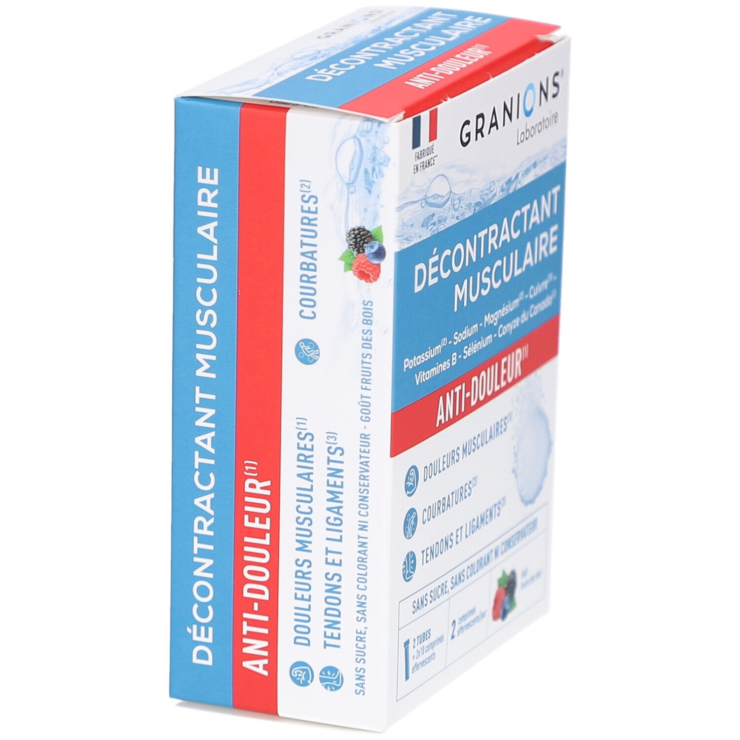 Karton von Granions Décontractant Musculaire Effervescent. Blaue, rote und weiße Verpackung. Text: Anti-Douleur, Courbatures.